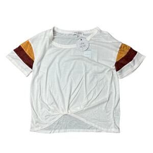 Pink Rose Juniors' Striped-Sleeve Ivory Twist-Front T-Shirt - Size Large - NWT